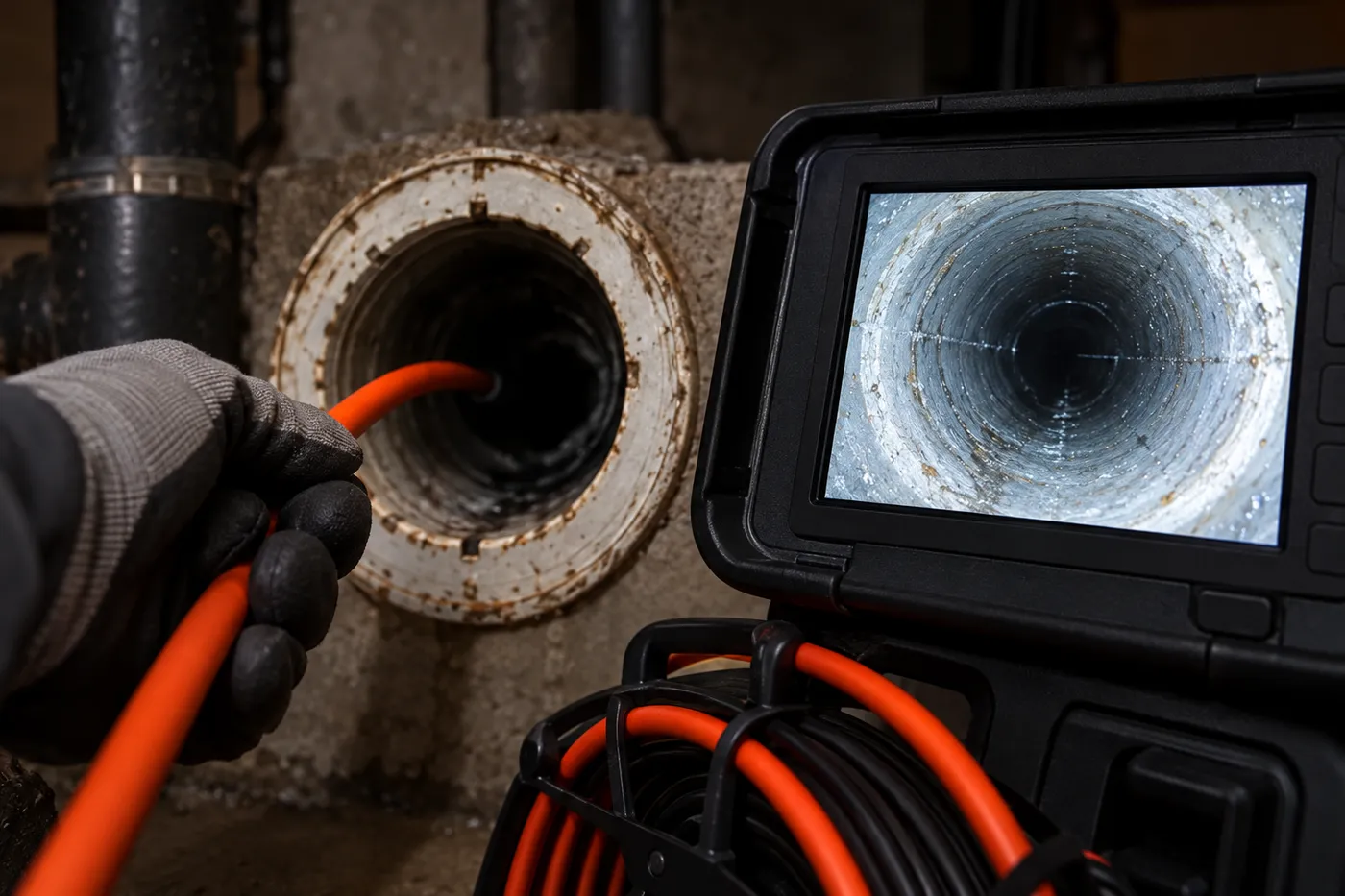 Caméra d'inspection engagée dans une canalisation, image de la conduite affichée sur l'écran de contrôle
