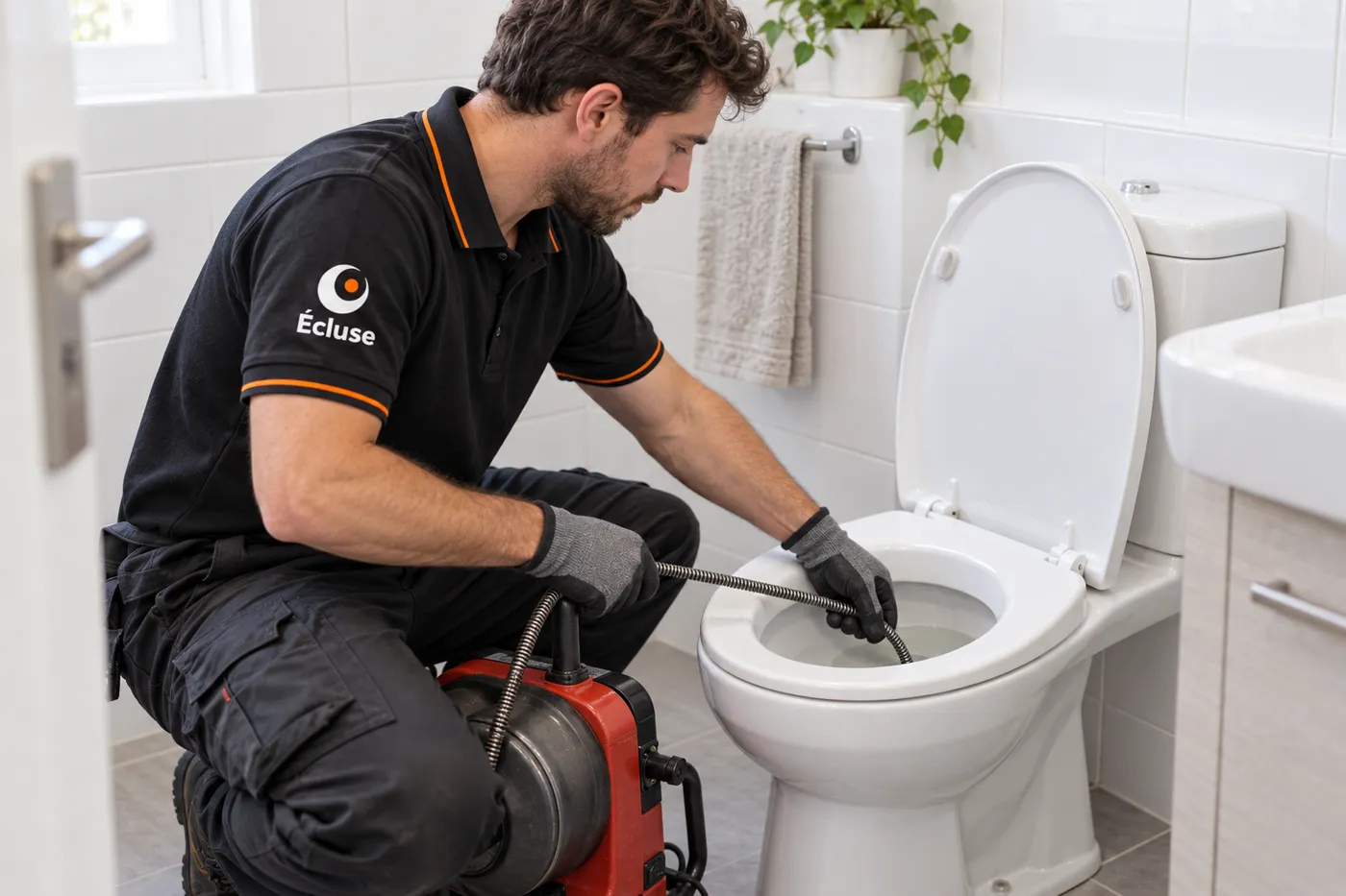 Plombier de l'équipe Écluse passant le furet électrique dans la cuvette d'un WC bouché