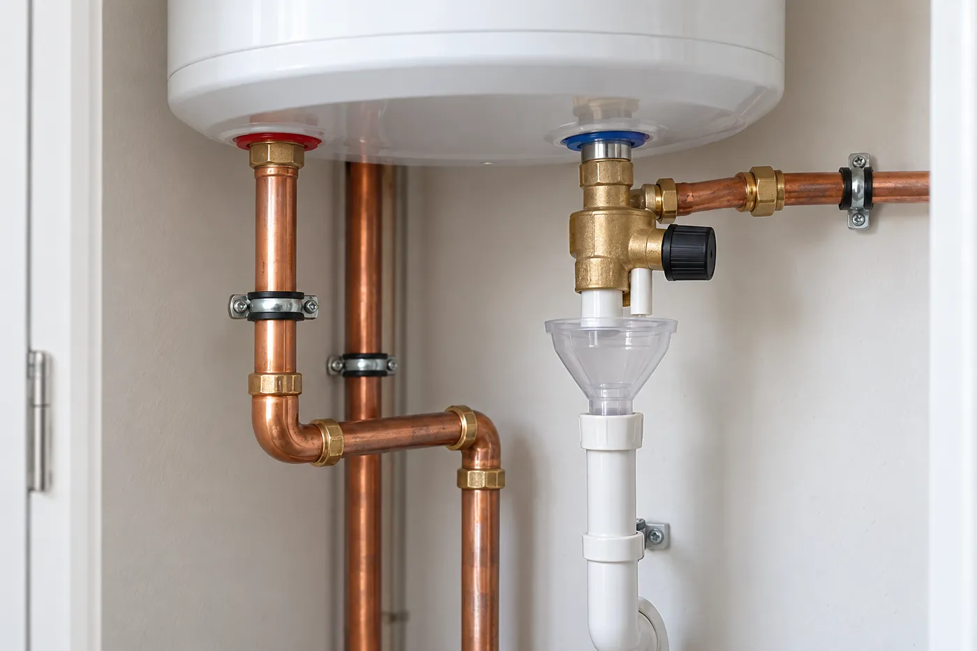 Groupe de sécurité et raccords cuivre sous un chauffe-eau électrique